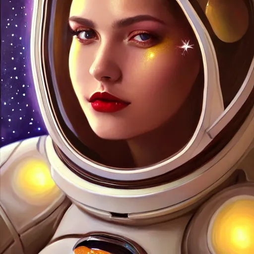 Image similar to a portrait of a very beautiful woman in a spacesuit with a dueling scar, brown eyes, shoulder-length brown hair, deep red lips, glitter, bored, illustration, soft lighting, soft details, painting oil on canvas by mark arian by artgerm, trending on artstation, 4k, 8k, HD