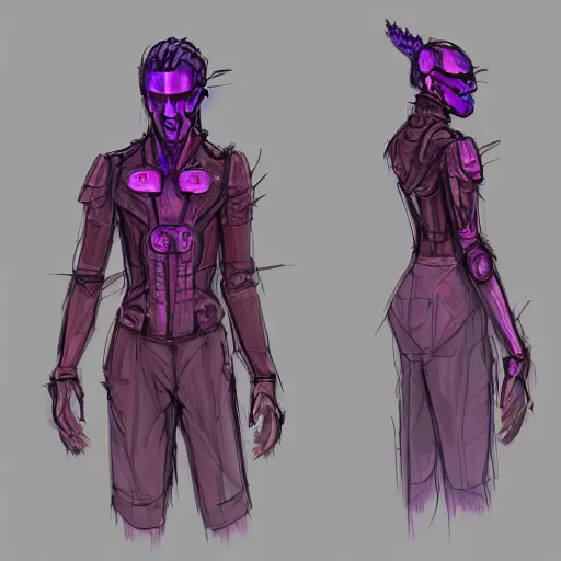 Prompt: character design sketch humanoid by ahmet atil akar, profile portrait, cyberpunk street goon, concept art character, cyberpunk fashion, with body made of purple lava and fire, marvelous designer, fantasy, painted, 4 k, high detail, sharp focus, trending in artstation
