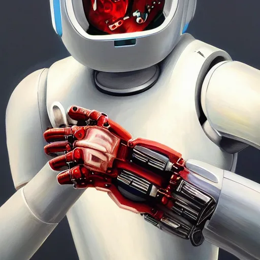 Image similar to closeup painting of wounded robotic hand, thumbs up, asymmetrical, trending on artstation