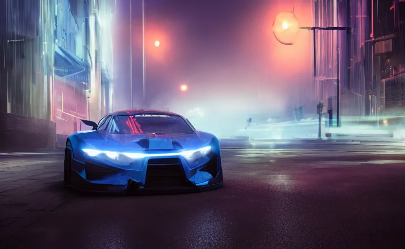 Prompt: One sport vehicle in the streets at night whit blue headlights on by Khyzyl Saleem , night time, stormy wheater, atmospheric, artstaion, concept art, sharp focus, high detail, octane render, cyberpunk