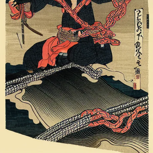 Prompt: by hokusai, samurai man vagabond, the samurai is wrapped in chains, detailed, editorial illustration, matte print, concept art, ink style, sketch, digital 2 d
