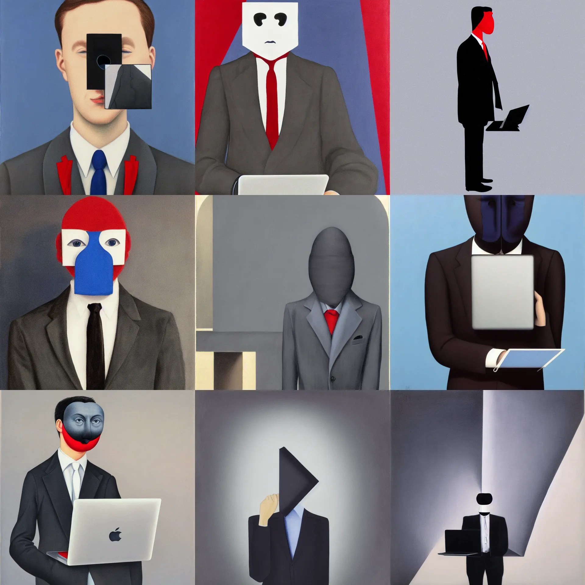Prompt: front view portrait of a man with a macbook laptop covering his face, wearing dark grey suit, white shirt, red tie, black pants, blue / grey background, painted by rene magritte
