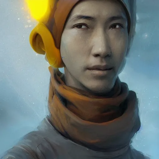 Image similar to a wise monk meditates under a waterfallto pieces with glowing yelow visor as a realistic, torso, art by james jean and greg rutkowski!!, realistic face, like fantasy, digital art, art, trending on artstation, 8 k
