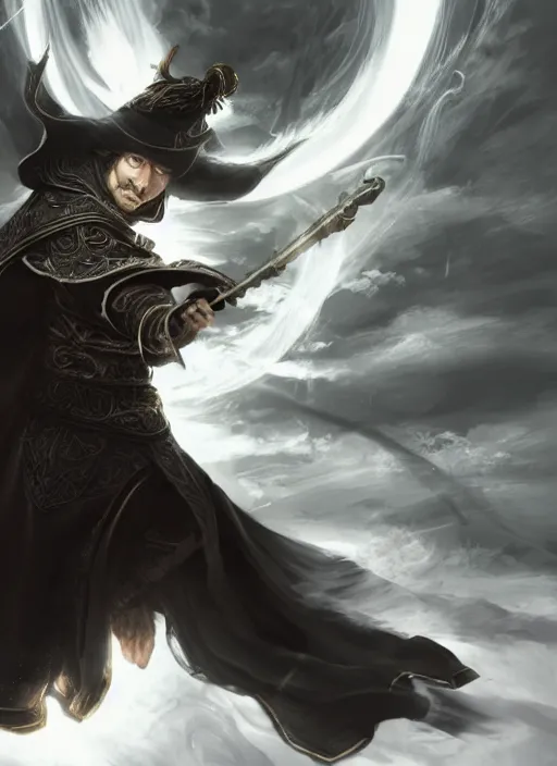 Image similar to a highly detailed illustration of Hiroyuki Sanada as wizard wearing black robe and mage hat, dramatic magic floating pose, intricate, elegant, highly detailed, centered, digital painting, artstation, concept art, smooth, sharp focus, league of legends concept art, WLOP