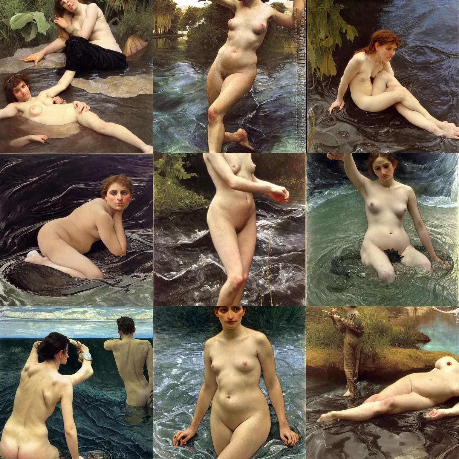 Prompt: hyperrealist painting full body in a black water river, by lucian freud and bouguereau, alphonse mucha,, very detailed faces