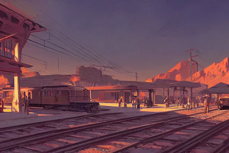 Image similar to idyllic old western train station illustration by syd mead artstation 4 k graphic novel concept art matte painting