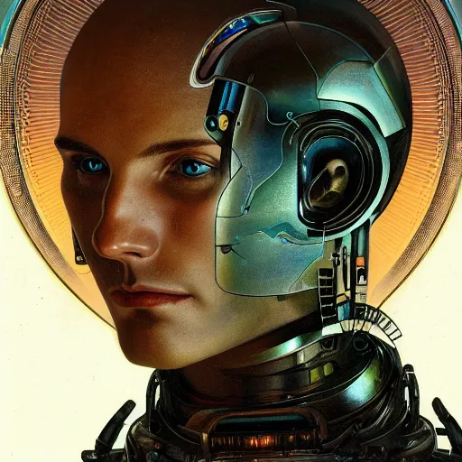 Prompt: portrait of a male android, coy, circuitry visible in head, in the style of ex machina, karol bak, alphonse mucha, greg rutkowski, award winning, hr giger, artstation