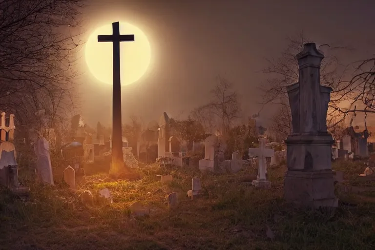 Prompt: an ultra detailed animation of a cross in a graveyard at midnight on halloween, digital art, dark fantasy, concept art, soulslike, by alphonse mucha, blood moon eclipse, ruined building in the background, artstation, 8 k, unreal engine render