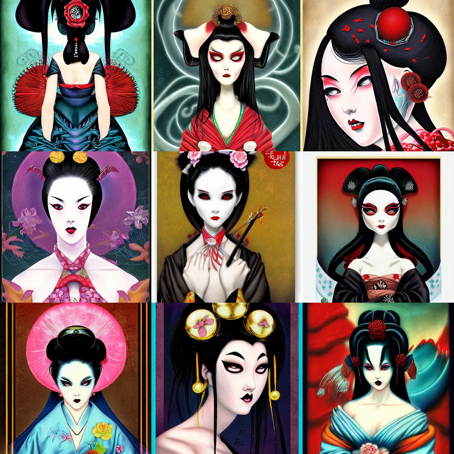Prompt: digital painting of a goth geisha by terese nielsen, mark ryden in the style of, vintage shoujo, fantastic planet, 6 0 s poster art, minimalist poster art, artgerm
