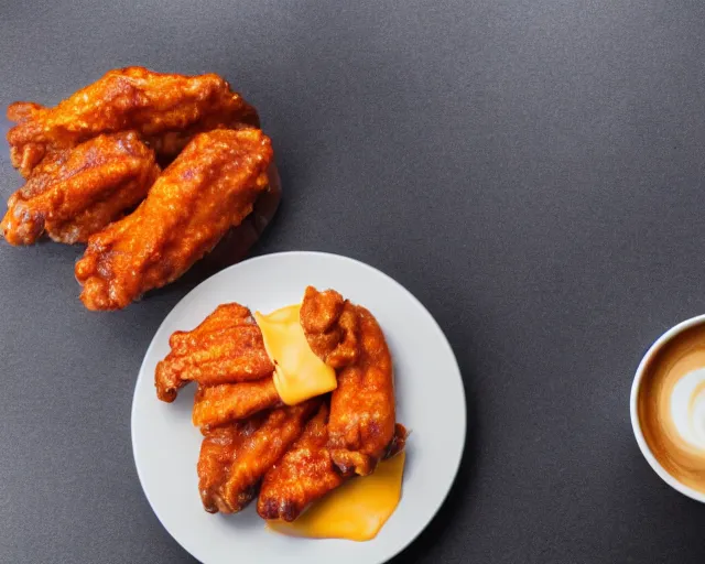 Image similar to hot wings covered in cheese next to a cup of coffee , Cinematic shot, 8k resolution