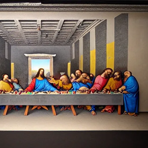 Image similar to on the wall of a gray building, a colorful spray-painted graffiti of The Last Supper by Da Vinci