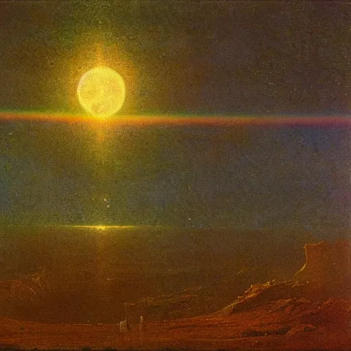 Image similar to rainbow on the moon, landscape, albert bierstadt