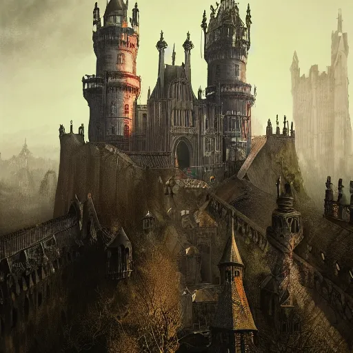 Image similar to a lonely and impossibly tall ominous gothic dark citadel tower of the evil patriarch, battlements, castle wall, portcullis, in a river elevated high above the city, flintlock fantasy capital city, scary gothic architecture, ultrawide lense, aerial photography, unreal engine, exquisite detail, 8 k, art by greg rutkowski and alphonse mucha