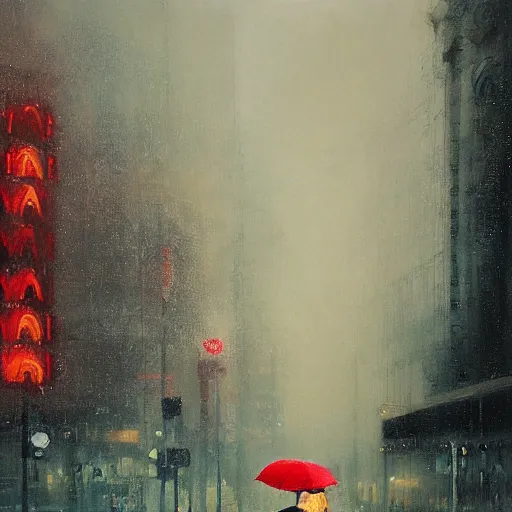 Prompt: man with red umbrella standing in the rain, chicago, art deco, by jeremy mann.
