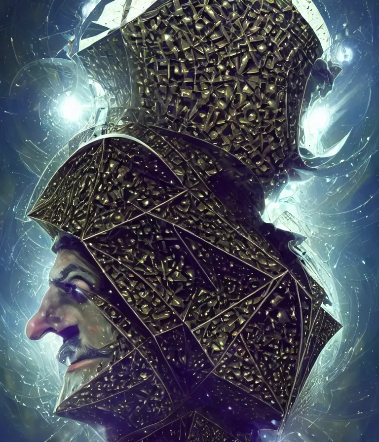 Image similar to front!!! shot of a court jester!!! character, mesmerizing fractal hypercubes, platinum cracked, dark holography!!!, future, metallic galactic, crystalline edges, polygonal, elegant, highly detailed, centered, (((artstation, concept art, jagged, sharp focus, artgerm, Tomasz Alen Kopera, Peter Mohrbacher, donato giancola, Joseph Christian Leyendecker, WLOP, Boris Vallejo))), ((raytracing)), mugshot!!!!!, ugly!!!!!!, octane render, nvidia raytracing demo, octane render, nvidia raytracing demo, octane render, nvidia raytracing demo, 8K