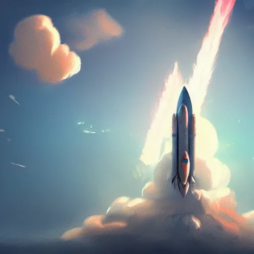 Prompt: rocket launching into the sky, sunrise, rocketship, wispy clouds, pixiv, concept art