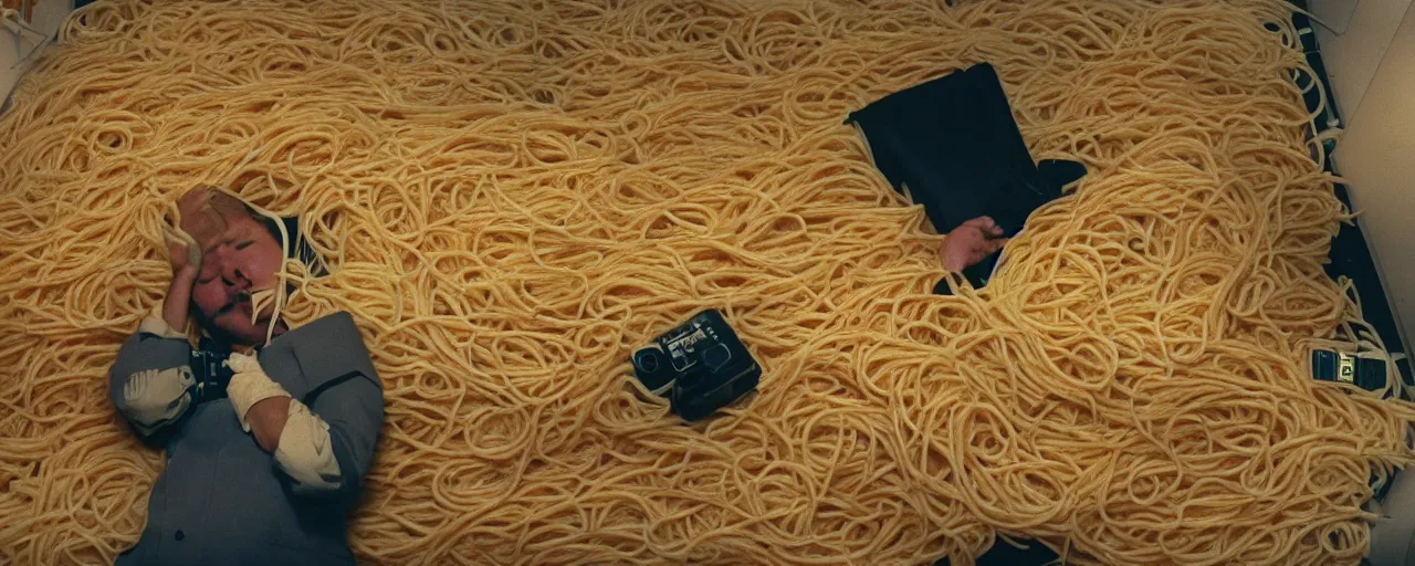 Image similar to security cam footage of someone sleeping on a bed of spaghetti at work, kodachrome, in the style of wes anderson, retro