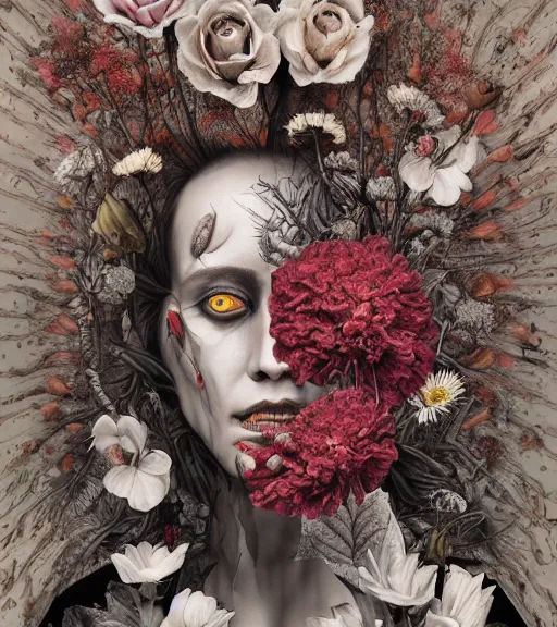 Prompt: portrait, nightmare anomalies, flowers by dariusz zawadzki, kenneth blom, mental alchemy, james jean, pablo amaringo, naudline pierre, contemporary art, hyper detailed