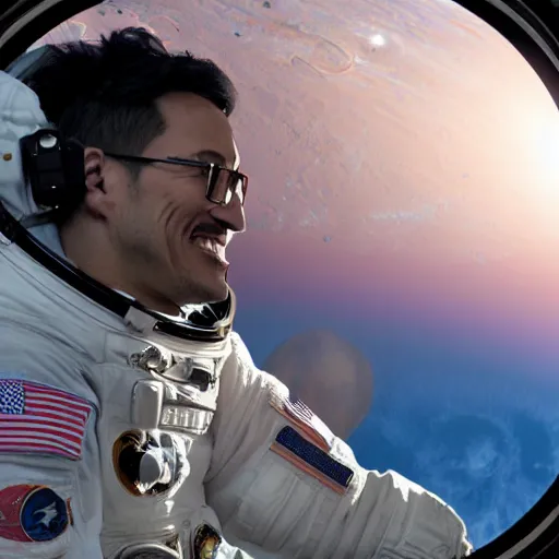 Image similar to Evil Markiplier looking out of the window of the International Space station with a smile on his face. Devilish markiplier unreal engine imagery with markiplier. Digital art from Nasa, trending on art station, created by beeple, complementary of the International Space Station.