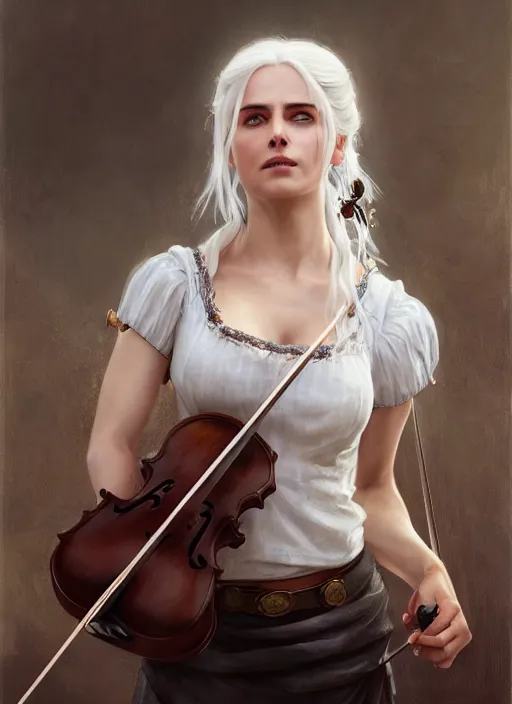 Prompt: portrait of ciri from the witcher in a white dress playing the violin. by Daniel F. Gerhartz, hyperrealistic oil painting, 4k, very detailed faces, studio lightning