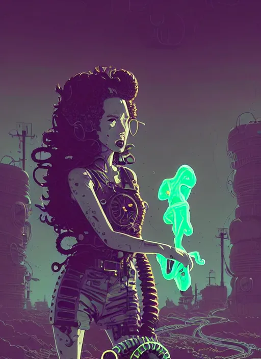 Image similar to highly detailed portrait of a lonely wasteland punk long dripping curly brown nuclear hair tribal lady, stray green slime hoses by atey ghailan, james gilleard, by joe fenton, by greg rutkowski, by greg tocchini, by kaethe butcher, 4 k resolution, gradient purple, brown black and white color scheme!!! ( ( green flaming robotic sewer background ) )