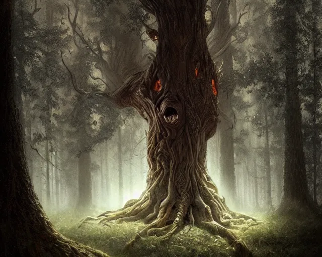 Prompt: a talking oak tree, huge face in the bark, eyes in the bark, mouth in the bark, horror concept art, sharp teeth, digital painting, oil painting, hyperrealistic, treebeard, ent, undead, fantasy monster, moonlight, in the forest, by greg rutkowski