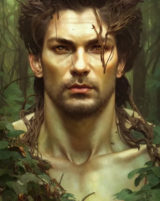 Prompt: god of the forest, male, detailed face, muscular, intricate, highly detailed, digital painting, artstation, concept art, sharp focus, illustration, art by greg rutkowski and alphonse mucha