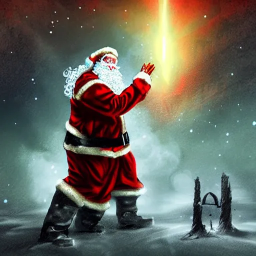 Image similar to Santa Claus fighting against sauron in lord of the rings, digital art, grim atmosphere