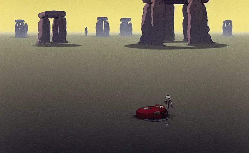 Image similar to a realistic cell - shaded studio ghibli concept art from paprika ( 2 0 0 6 ) of a flying intelligent dull grey mechanical octopus from close encounters of the third kind ( 1 9 7 7 ) in a flooded monument valley stonehenge. very dull colors, wide shot, hd, 4 k, hq