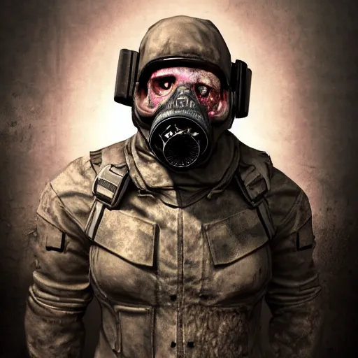 Image similar to military zombie with pig face in gasmask, details face, photo, bloody eyes, unreal engine, digital, artstation, detailed body, heavenly atmosphere, digital art, overdetailed art, trending on artstation, cgstudio, the most beautiful image ever created, dramatic, award winning artwork, beautiful scenery