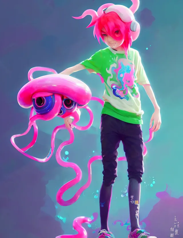 Image similar to a beautiful fullbody portrait of a cute splatoon anime boy with pink hair and green eyes wearing sports clothing leggings. character design by cory loftis, fenghua zhong, ryohei hase, ismail inceoglu and ruan jia. artstation, volumetric light, detailed, photorealistic, fantasy, rendered in octane