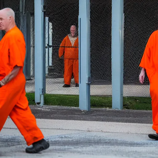 Image similar to photojournalist photo of donald trump!! in orange prison jumpsuit walking in the federal prison yard with other inmates, 3 5 mm f 1. 8