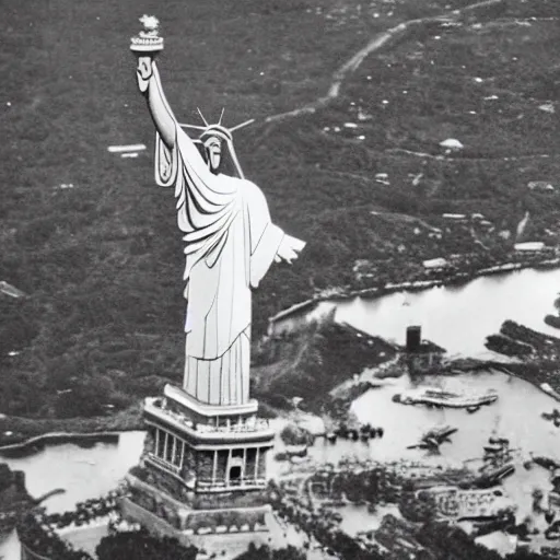 Prompt: christ the redeemer palying soccer with the statue of liberty