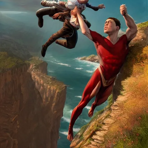 Image similar to a flying man catching a child that is falling from a cliff. photorealistic. realism. 4 k wideshot. cinematic. unreal engine. artgerm. marc simonetti. jc leyendecker