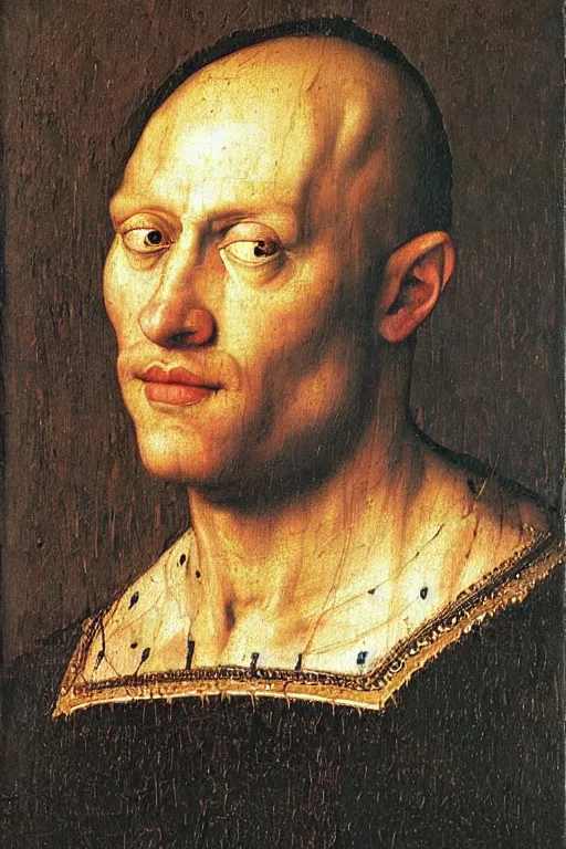 Prompt: renaissance 1 6 0 0 portrait of dwyane the rock, oil painting by jan van eyck, northern renaissance art, oil on canvas, wet - on - wet technique, realistic, expressive emotions, intricate textures, illusionistic detail