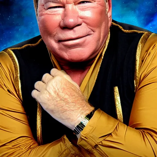 Image similar to william shatner wearing a gold shirt with black collar, digitla art