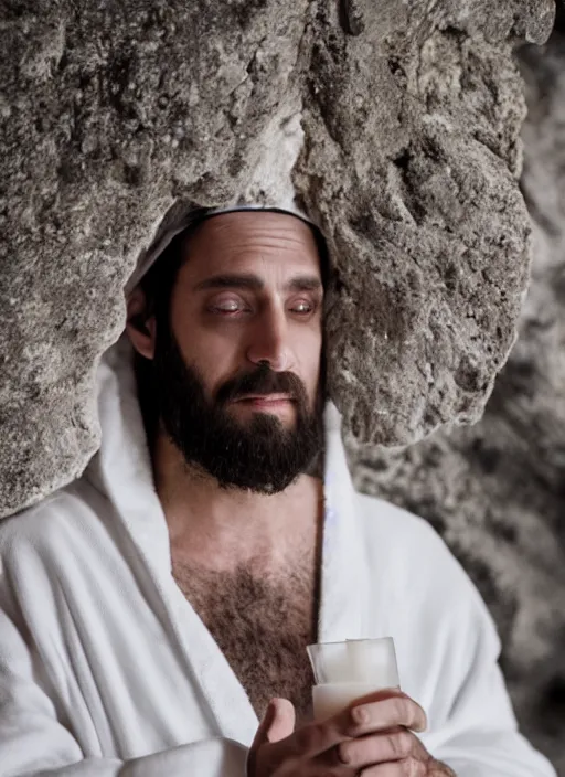 Prompt: photograph of a jewish prophet in his 3 0 s wearing a white robe, cinematic, epic framing, closeup, dslr, spiritual, candle lit cave background