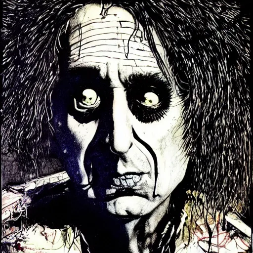 Image similar to graphic illustration, creative design, alice cooper, biopunk, by ralph steadman, francis bacon, highly detailed, concept art, hunter s thompson