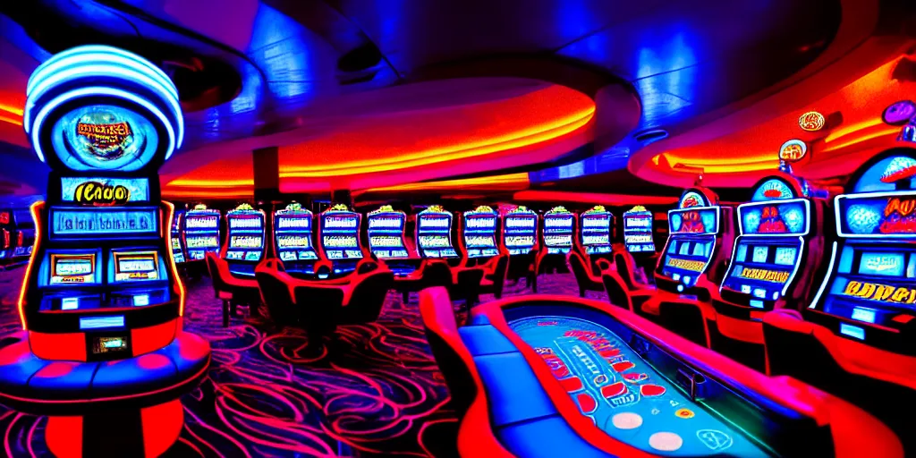 Image similar to minimalistic extreme wide angle curved perspective digital art of indoor casino with alien shaped slot machines, with roulettes in the roof, by anton fadeev from nightmare before christmas, 8 k, octane renderer