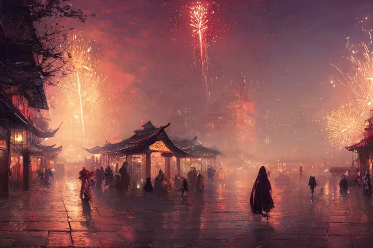 Prompt: a beautiful picture of fireworks at night, busy village, a girl in hanfu, by greg rutkowski and thomas kinkade, trending on artstation