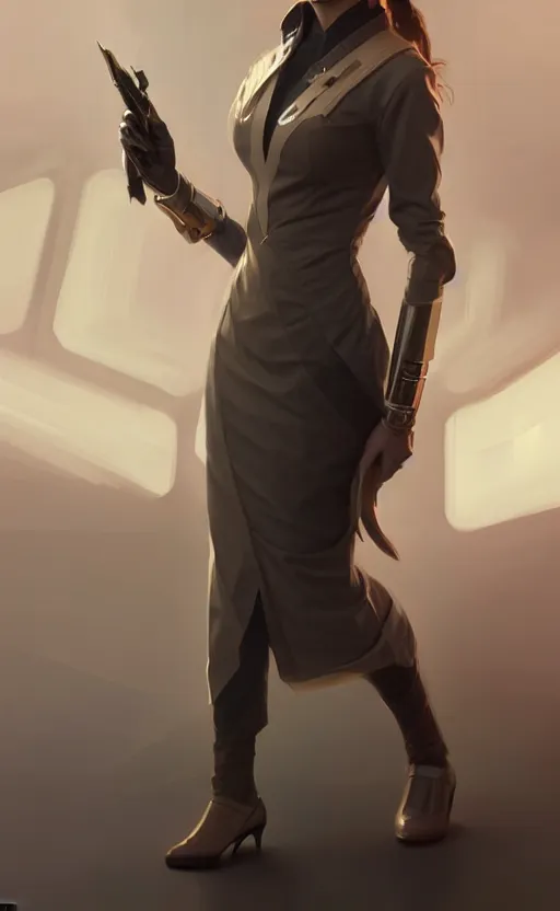Image similar to Female in office dress, sci-fi, highly detailed, digital painting, artstation, concept art, smooth, sharp focus, illustration, art by artgerm and greg rutkowski and alphonse mucha