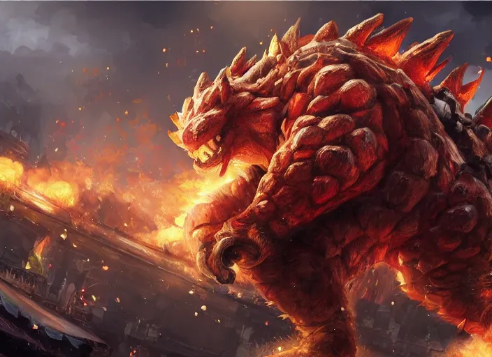 Image similar to detailed concept art of a huge giant bowser by cheng yi and luolin, aartstation, artstationhd, detailed scales, spiky and red hair tuft. bowser, bowser nintendo, koopa, ~ bowser # bowser ( ( mario ) ) bcy. net, realistic. cheng yi, fire breathing. bowser