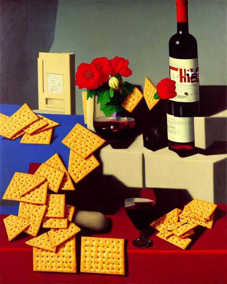 Prompt: still life featuring cheez - its, red wine, and flowers by raphael, hopper, and rene magritte. detailed, proportional, romantic, vibrant, enchanting, achingly beautiful, graphic print, trending on artstation