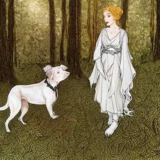 Image similar to girl with curly blonde hair sits in a forest with a white pitbull next to her, highly detailed, painting by rebecca guay