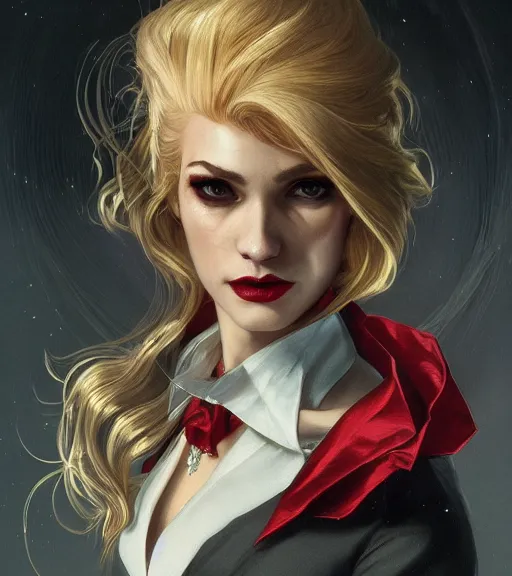 Image similar to a vampire wearing a golden dress, grey hair, red necktie, cinematic, stunning, highly detailed, digital painting, artstation, smooth, hard focus, full body shot, illustration, art by artgerm and greg rutkowski and alphonse mucha