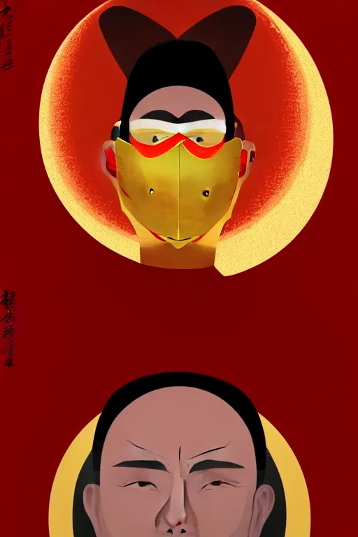Image similar to portrait of a man with a mask on his face in the form of a spiral in a golden kimono, full face, against the background of a bright red moon, sad motif, ilya kuvshinov, dramatic, soft colors, futuristic, 8 k