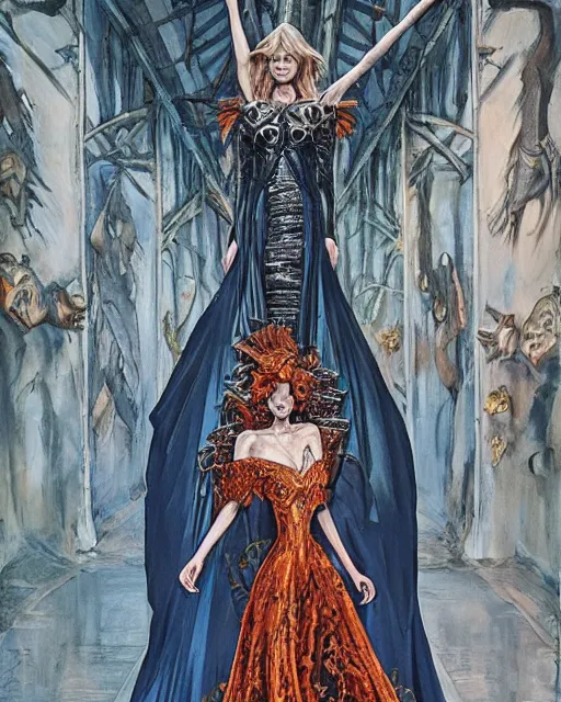 Image similar to fashion model walking down a catwalk, elaborate dress by alexander mcqueen, art by michael whelan and chris moore and howard david johnson and tim white and dan giancola