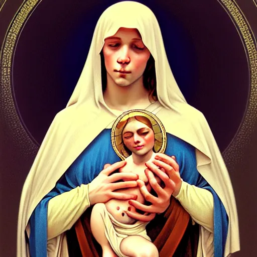 Image similar to the virgin mary holding fetus jesus fetus christ, highly detailed, digital painting, concept art, smooth, sharp focus, illustration, surrealist, absurd, humorous, photoshop, art by artgerm and greg rutkowski and alphonse mucha