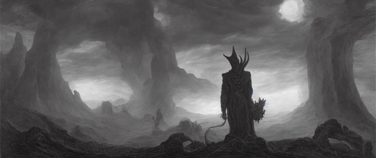 Image similar to an engraving portrait of nyarlathotep, lovecraftian atmosphere, caspar david friedrich, foggy, depth, strong shadows, stormclouds, illuminated focal point, highly detailed