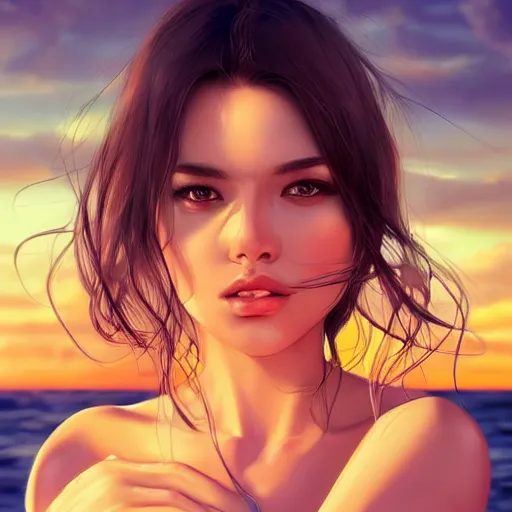 Prompt: symmetry!!!!!!! portrait of beautiful woman on the beach, brown eyes, sunset, highly detailed, elegant, sharp focus, bokeh, trending on art station, digital painting by wlop, rossdraws, artgerm.